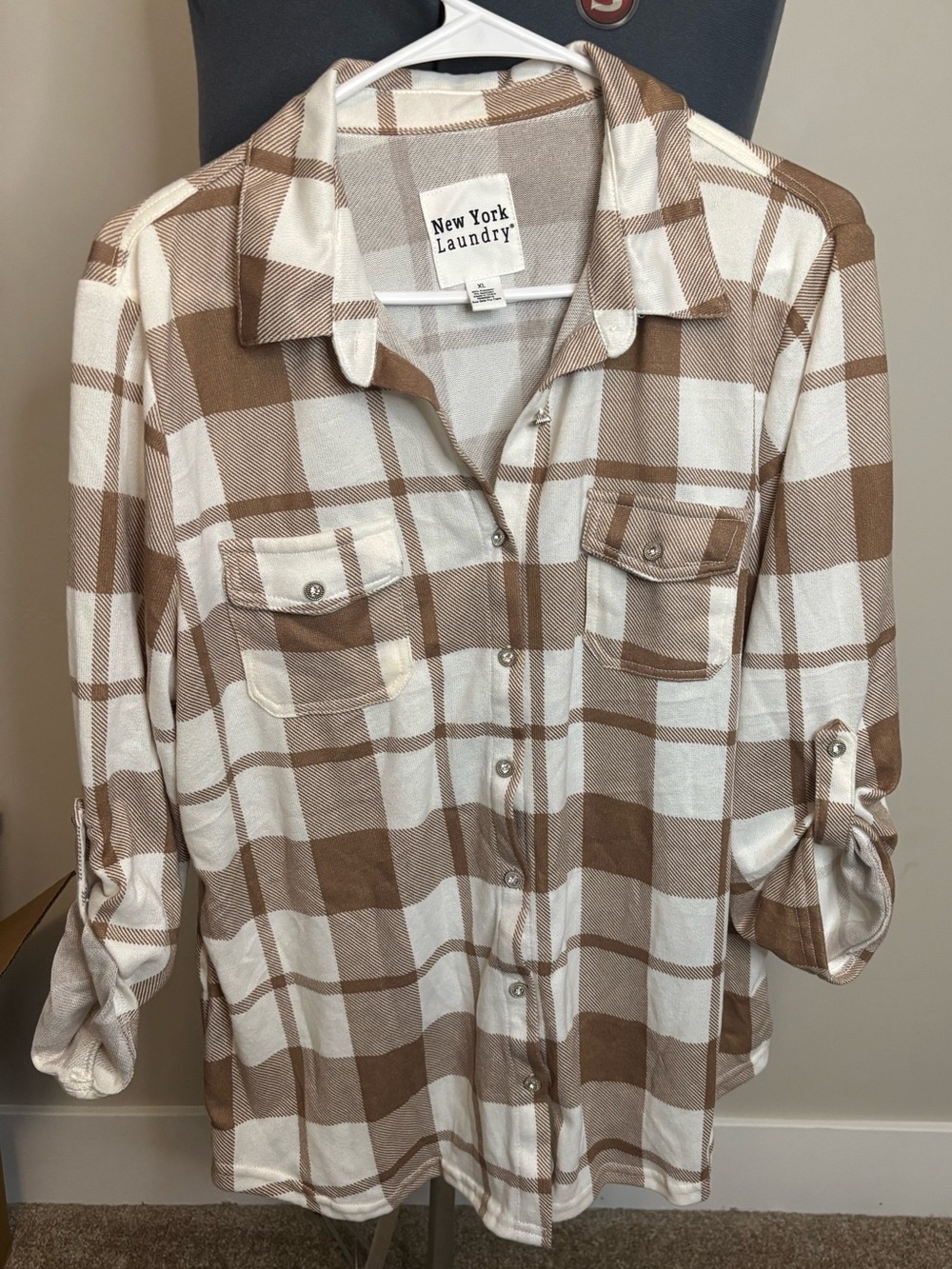 New York Laundry Girls' Cream and Brown Plaid Button-Down Shirt